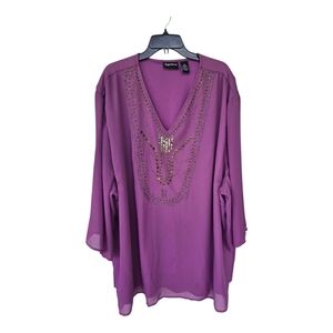 Maggie Barnes Womens Tunic Plus Sz 6X (38/40) Purple Blouse Studded Embellished
